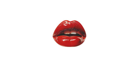 A closeup of glossy red lips against a white background