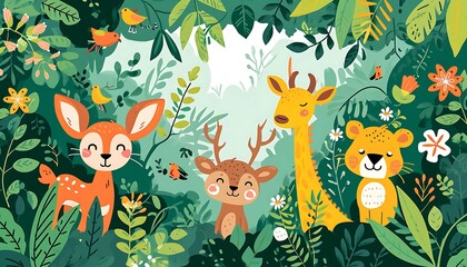 Naklejka premium Illustrated wildlife harmony with a deer, fox, birds, giraffes, and lush flora in a vibrant, whimsical forest scene. Generative AI