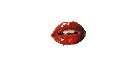 A closeup of glossy red lips against a white background