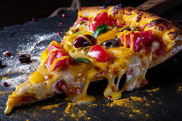A close-up, detailed image of a gourmet pizza slice, with vibrant toppings and melting cheese that seem to jump out of the image, 