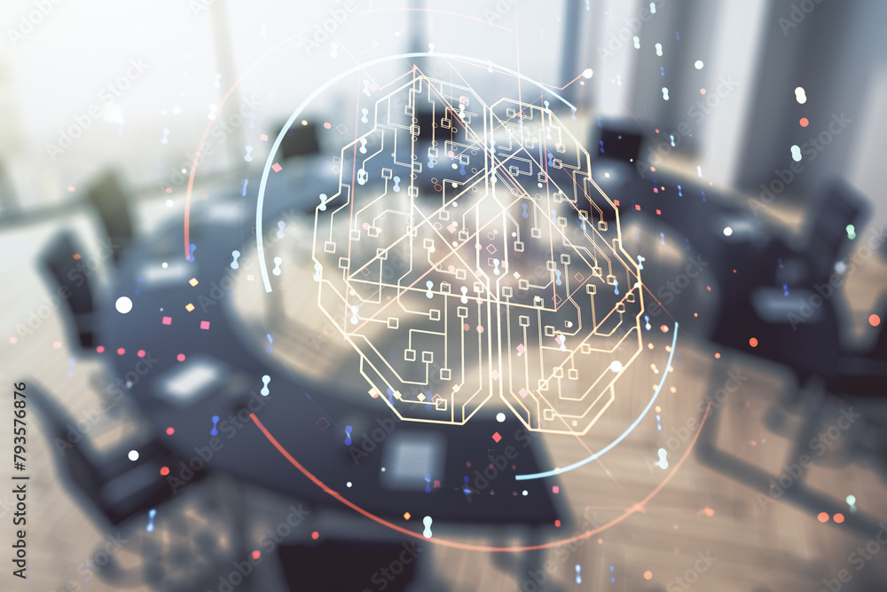 Aufkleber Double exposure of creative artificial Intelligence interface on a modern meeting room background. Neural networks and machine learning concept