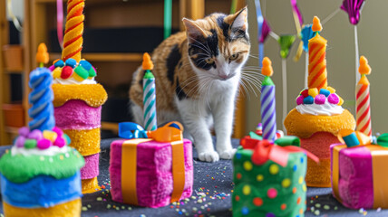 A festive scene with a group of multicolored catnip toys shaped like birthday cakes and presents, with a curious calico cat investigating the setup.