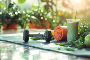A health and wellness themed school flyer background, featuring a yoga mat, a pair of dumbbells, and a fresh, green smoothie on a bright, clean surface.