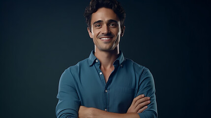 Smiling millennial male, exuding confidence against a solid slate blue background, his folded arms reflecting contentment - obrazy, fototapety, plakaty
