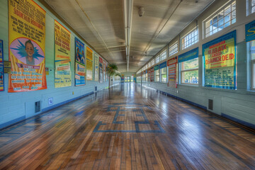 A spacious school hallway adorned with motivational quotes and educational posters, bathed in the quiet of early morning.