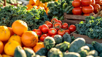 A vibrant farmers market stall, brimming with fresh fruits and vegetables, from tomatoes to kale and oranges.