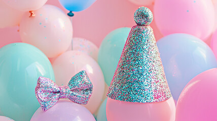 A vibrant, glitter-covered party hat next to a matching glittery bow tie, all set against a background of soft, pastel party balloons.