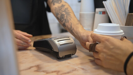 Woman buy take away coffee use nfc cashless payment close up. Contactless money transaction....