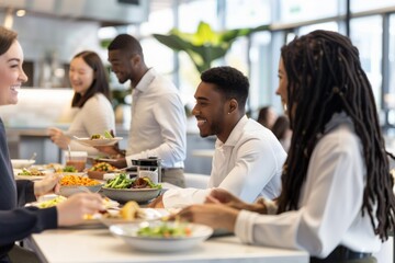 Professional Photography of work friends enjoying a casual lunch together in the company cafeteria, Generative AI