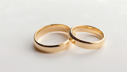 A Pair of gold golden Wedding ring on a plain white background, macro shot, detailed rings, 