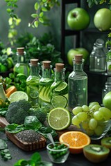 Preparation of a green detox drink with fresh ingredients on a table. Generated AI.