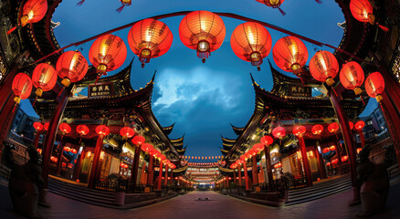 Chinese style architecture, an archway surrounded in the style of red lanterns, a symmetrical composition, a wideangle lens, a night scene, bright colors, a festive atmosphere, lantern light reflectin