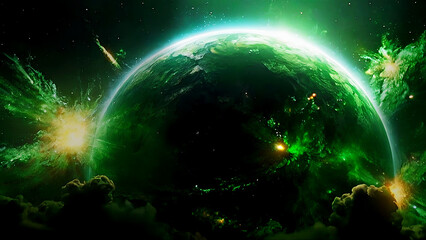 The Green Universe. Attractions. Space Background. Green Moon and Planets.


