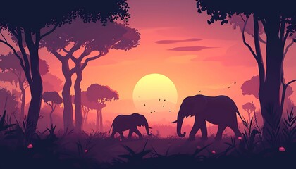 Fototapeta na wymiar Silhouettes of an elephant and calf against a radiant sunset with acacia trees and a flock of birds in a tranquil savanna setting. Generative AI