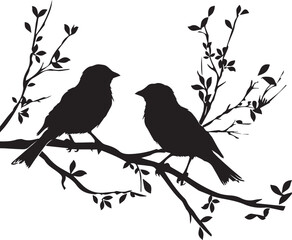 Set of Birds on branch on white background 