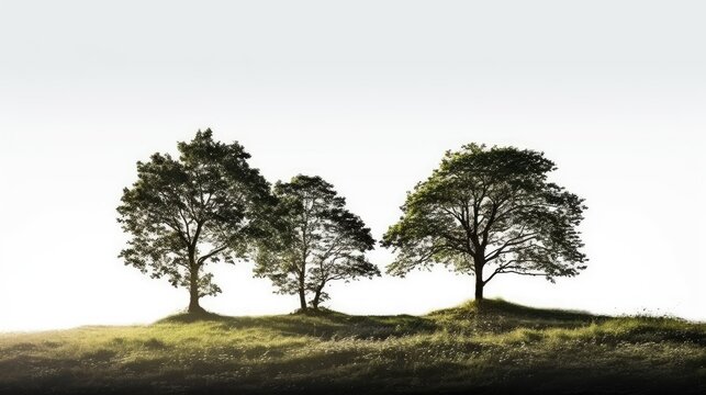 Three Leafy Trees Standing on Lush Meadow with white background
