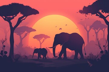 Fototapeta premium Silhouettes of an elephant and calf against a radiant sunset with acacia trees and a flock of birds in a tranquil savanna setting. Generative AI