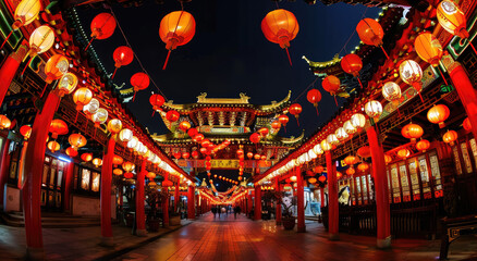 Fototapeta na wymiar Chinese style architecture, an archway surrounded in the style of red lanterns, a symmetrical composition, a wideangle lens, a night scene, bright colors, a festive atmosphere, lantern light reflectin