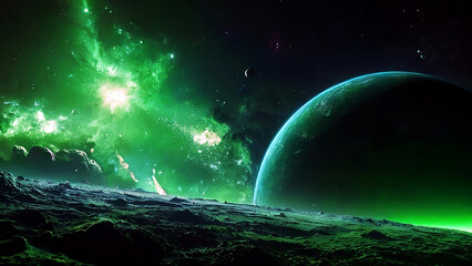 The Green Universe. Attractions. Space Background. Green Moon and Planets.