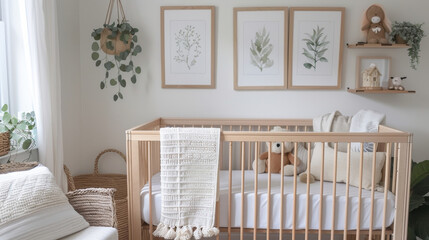 Fototapeta na wymiar Minimalist nursery room with a natural wood crib, soft textures, and greenery adding a touch of nature.