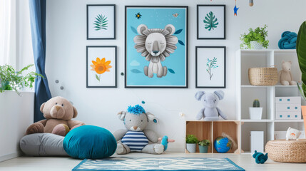 Modern nursery room setup with cute stuffed animals, cozy pillows, and calming blue tones in the wall art and textiles.