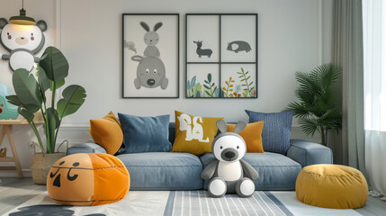 A cozy children corner featuring a comfortable blue sofa, playful animal illustrations, and plush toys, in a well-lit room.