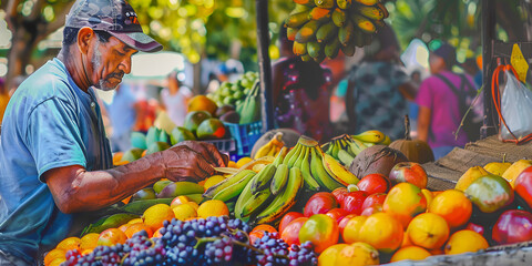 Fresh fruits and vegetables variety of colors nature healthy abundance eating at the supermarket Seasonal fresh fruits at a street outdoor market. - obrazy, fototapety, plakaty