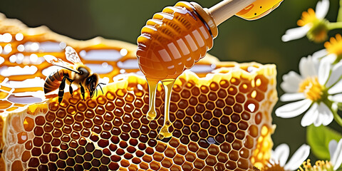 honey pouring from the one stick onto the honeycomb, the concept of fresh bee honey is good for health - obrazy, fototapety, plakaty