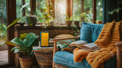 A serene reading nook with comfortable chair, vibrant cushions, houseplants, books, and a smartphone on a stand. - obrazy, fototapety, plakaty