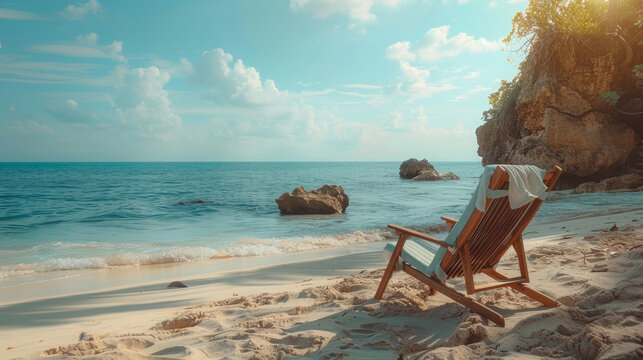 A tranquil beach setting featuring a single deck chair overlooking a clear blue ocean, framed by rocks and sand.