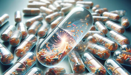 Close-up image of probiotic capsules, each filled with active rotating probiotics. The image reflects the theme of improving digestive health through natural supplements. - obrazy, fototapety, plakaty