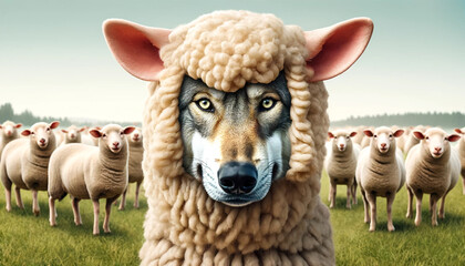 A wolf with fierce amber eyes sparkling through a hole in the sheep's wool. The costume makes it almost indistinguishable from a real sheep. - obrazy, fototapety, plakaty