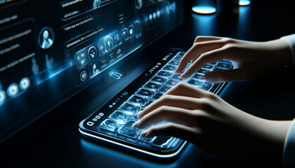Close-up of a person's hands typing on a sleek transparent glass keyboard with glowing keys and interacting with an advanced artificial intelligence chatbot. The screen at the front displays a sophist