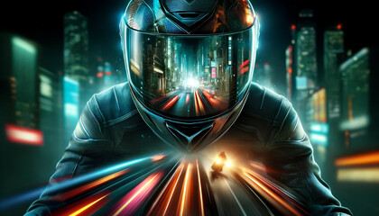 The face of a motorcyclist, partially visible through the visor of a high-tech helmet, as he speeds through the city at night. The helmet reflects the neon cityscape while street lights glide across r