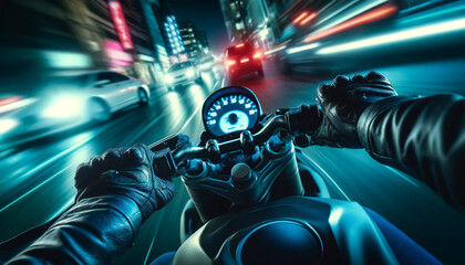 Close-up of a motorcyclist in motion at night, focusing on the rider's gloved hands gripping the handlebars of a high-speed motorcycle. Motorcycle dashboard lights illuminate the driver's hands with t