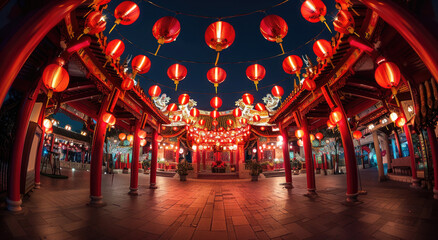 Chinese style architecture, an archway surrounded in the style of red lanterns, a symmetrical composition, a wideangle lens, a night scene, bright colors, a festive atmosphere, lantern light reflectin