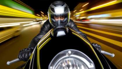 Close-up of a motorcyclist wearing a sleek reflective helmet racing through a brightly lit city at night. The city lights blur into stripes of yellow and white, reflecting off the shiny surfaces of th