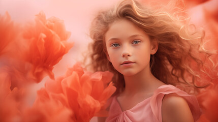 A girl in a coral dress with windswept hair surrounded by matching flowers. Copy space.