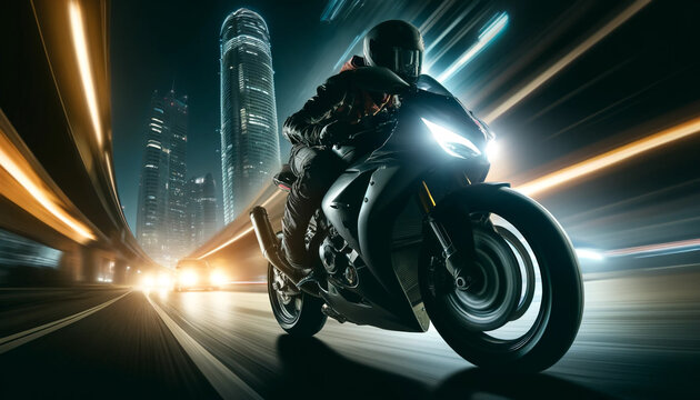 A low angle image of a motorcyclist, capturing the intensity and speed as he speeds through the city at night. The motorcycle stands out in a clear silhouette against the backdrop of high-rise buildin