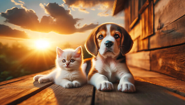 An adorable picture of a small white kitten and a brown and white beagle puppy sitting side by side on a wooden porch. Animals relax under the warm rays, expressing peace and pleasure.