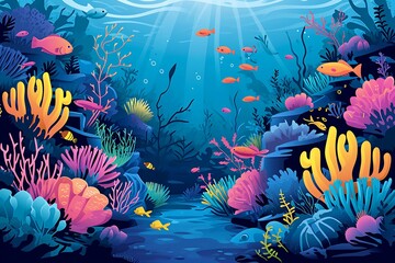 Colorful illustration of vibrant marine life showcasing tropical fish, coral reefs, and underwater plants in a lively ocean scene. Generative AI