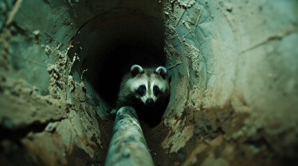 A raccoon looks intently while navigating through a narrow underground pipe, sewerage