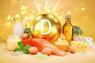 Concept illustration of Vitamin D with sunshine and foods rich in vitamin D. Generated AI.