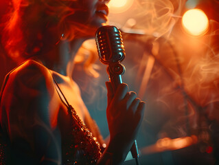 The singer's hand in focus as they grasp the microphone, surrounded by the blurred brilliance of...
