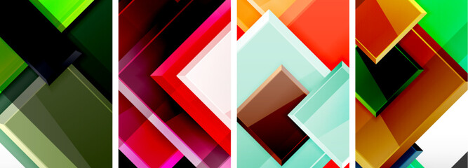 A vibrant art piece featuring a collage of rectangles and triangles in magenta, electric blue, carmine, and tints and shades on a white background