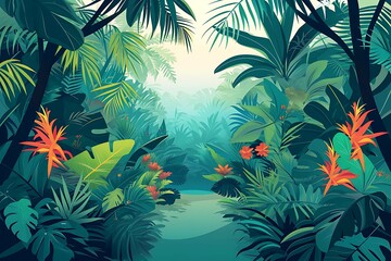 Lush tropical jungle illustration with dense foliage, vibrant hibiscus flowers, and distant misty mountains, evoking a sense of exploration. Generative AI