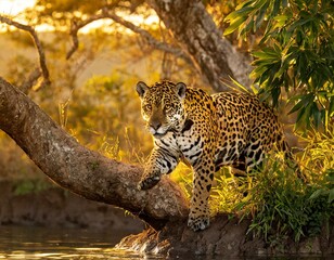 Jaguar side view, golden hour, jaguar in the wildlife, Ai Generate 