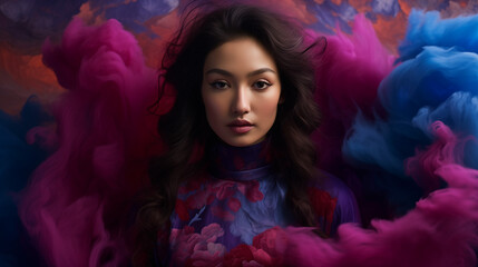 Asian young woman with long dark hair set against a vibrant violet cloud background. Copy space.