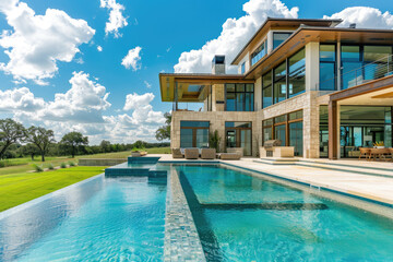 Fototapeta na wymiar A large, modern home with an expansive pool and patio area in the Texas countryside. The house has multiple levels of windows overlooking the beautiful blue sky and green grass.