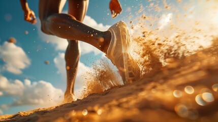 A long jumper mid-leap, legs extended in a graceful arc, sand particles frozen in mid-air, capturing the precision and athleticism of Olympic long jumping - obrazy, fototapety, plakaty